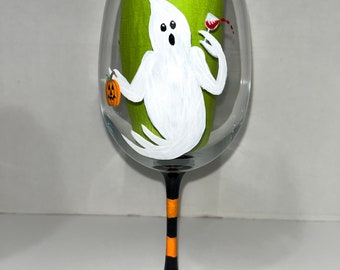 Ghost Halloween hand painted wine glass.