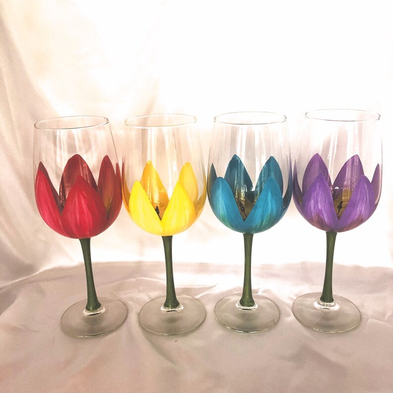 Spring Tulip Hand Painted Wine Glasses Etsy