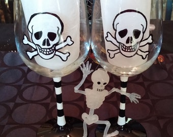 Skeleton head Halloween hand painted wine glasses.