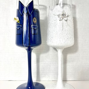 Bride and Police Groom Wedding hand painted champagne flutes