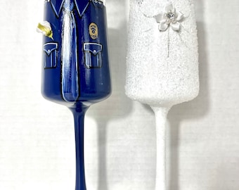 Bride and Police Groom Wedding hand painted champagne flutes