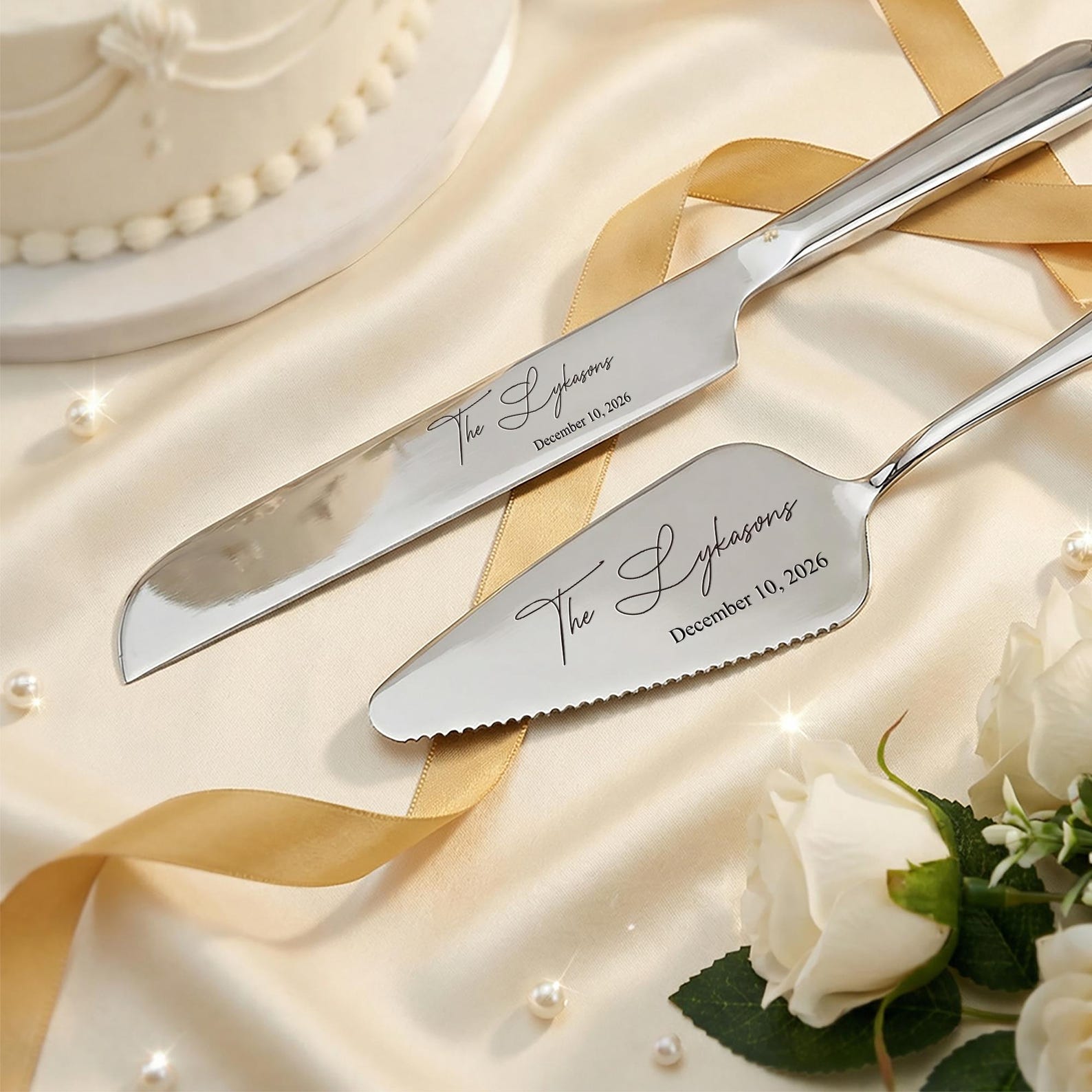 Engraved Cake Cutting Set, Cake Cutter Serving Set, Wedding Cake Set, Wedding Gift, Anniversary Keepsake, Wedding Gift For Bridal Shower - Silver, S5