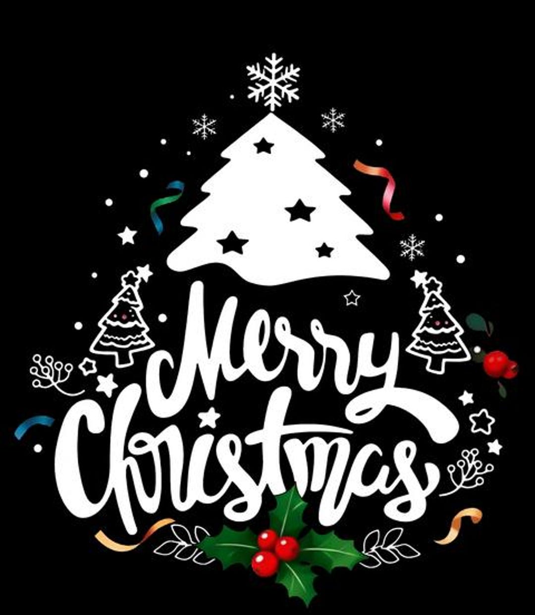 Merry Christmas Typography Design With Christmas Tree Holly and ...