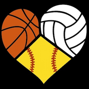 May include: A graphic design featuring a heart shape composed of a basketball, a volleyball, and a softball. The basketball is orange with black lines, the volleyball is white with black lines, and the softball is yellow with red stitching.