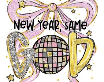 New Year Same Vibe Disco Bow PNG, Pink Gold Glitter New Year Clipart, Party Disco Ball Sublimation Design PNG