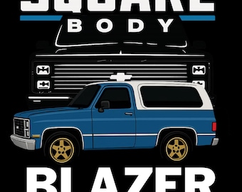 May include: Blue and white Blazer SUV illustration with gold wheels, set against a black background. The text "SQUARE BODY" and "BLAZER" are displayed in white, with a blue accent line.