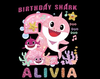 2nd Birthday Shark PNG, Girl Shark Birthday Design, Pink Glitter Shark Birthday Shirt, Custom Name Age Birthday PNG