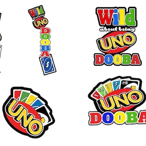 Färgglad UNO Dooba-design med lekfull typografi och livfulla kortelement, perfekt för roliga varor, PNG