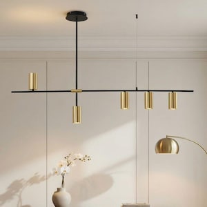 Linear Pendant Light Black Gold | Modern Chandelier Dining Room Kitchen Island | 5 or 3 Lights Bar Lamp