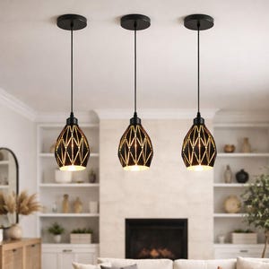 Black Geometric Pendant Light Set 3 | Industrial Cage Chandelier Dining Living Room | Modern Ceiling Lamp