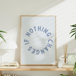 Puede incluir: Un cuadro enmarcado con el texto "IF NOTHING CHANGES" en forma circular. El texto es azul claro sobre fondo blanco. El marco es de madera clara. El cuadro está sobre una estantería de madera con una lámpara, libros y una vela.