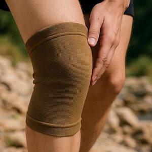May include: A brown knee brace is worn on a person's leg. The brace is made of a ribbed fabric and covers the knee joint. The person is wearing black shorts and gray athletic shoes. The background is a rocky terrain.