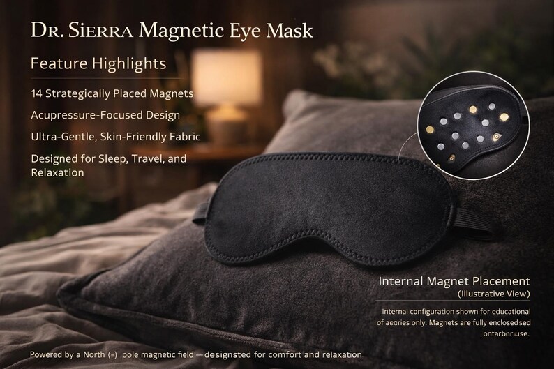 May include: A black Dr. Sierra magnetic eye mask with an elastic strap, designed for sleep, travel, and relaxation. The mask features 14 strategically placed magnets and an acupressure-focused design. The text on the image says "Ultra-Gentle, Skin-Friendly Fabric."