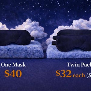 May include: Two navy blue sleep masks, one on a fluffy blue pillow, and two on another. The background is a night sky with clouds and stars. Text reads "One Mask" and "Twin Pack".