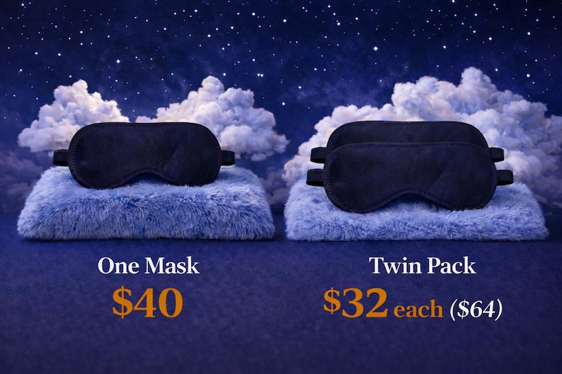May include: Two navy blue sleep masks, one on a fluffy blue pillow, and two on another. The background is a night sky with clouds and stars. Text reads "One Mask" and "Twin Pack".
