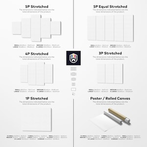 May include: A white informational chart displaying various canvas wall art configurations including 5P Stretched, 5P Equal Stretched, 4P Stretched, 3P Stretched, 1P Stretched, and Poster/Rolled Canvas options with corresponding dimensions in inches.