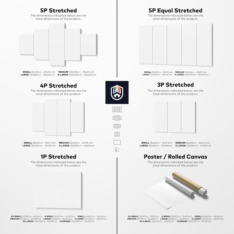 May include: A white informational chart displaying various canvas wall art configurations including 5P Stretched, 5P Equal Stretched, 4P Stretched, 3P Stretched, 1P Stretched, and Poster/Rolled Canvas options with corresponding dimensions in inches.