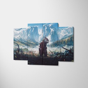 May include: A four-panel canvas wall art set depicting a fantasy scene with a lone figure standing in a field of dark flowers, facing towering, snow-capped mountains under a bright blue sky, with two swords strapped to the figure's back.