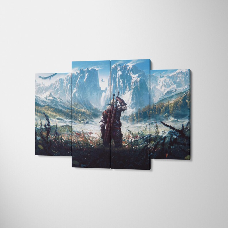 May include: A four-panel canvas wall art set depicting a fantasy scene with a lone figure standing in a field of dark flowers, facing towering, snow-capped mountains under a bright blue sky, with two swords strapped to the figure's back.