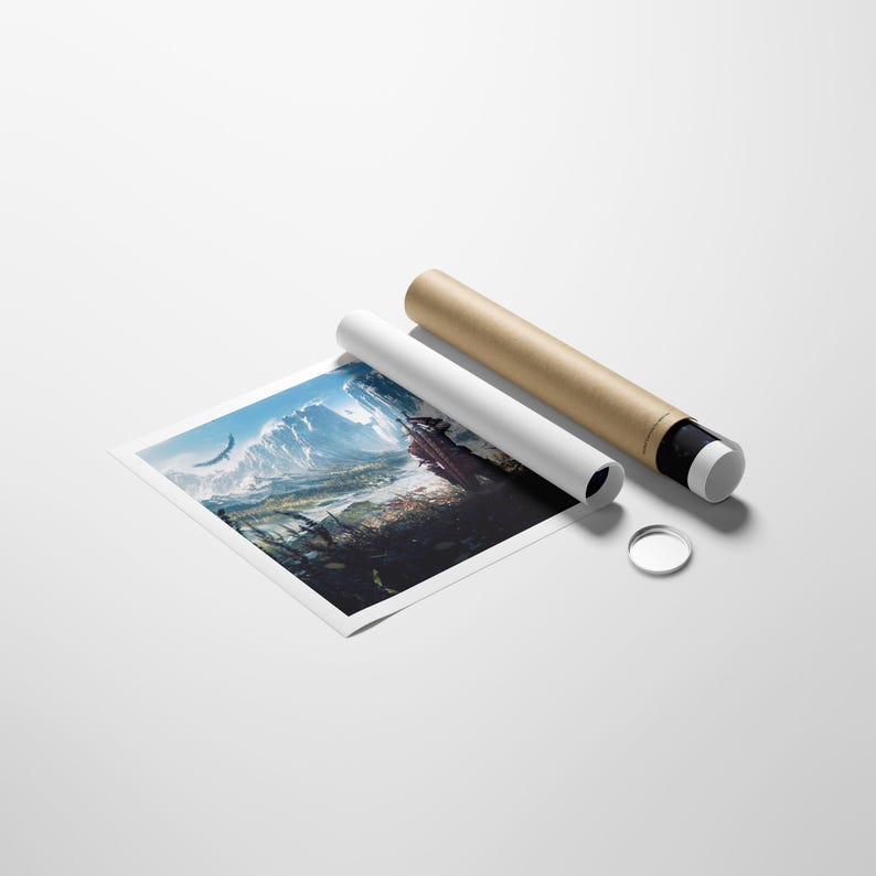 May include: A square art print featuring a fantasy landscape with snow-capped mountains, a flying bird, and a dark foreground figure, accompanied by a cylindrical cardboard shipping tube and a small circular white plastic end cap.