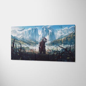 May include: A five-panel canvas wall art set depicting a lone figure standing in a field, carrying two swords on their back, facing snow-capped mountains and a forest under a bright blue sky with flying birds in a wide landscape composition.