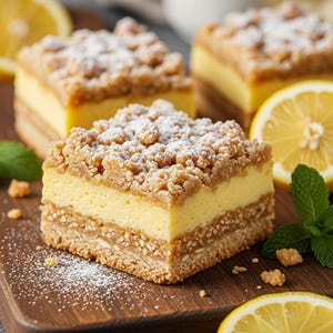 Peut inclure: Gros plan sur des barres au citron sur une planche en bois. Les barres ont une garniture émiettée, une garniture jaune crémeuse et une base de biscuit. Des tranches de citron et des feuilles de menthe sont dispersées autour des barres. Du sucre glace est saupoudré.