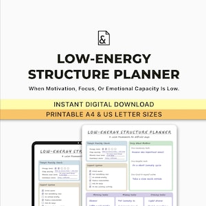 Peut inclure: Un planificateur numérique intitulé "LOW-ENERGY STRUCTURE PLANNER" avec le texte "When Motivation, Focus, Or Emotional Capacity Is Low." Le planificateur comprend des sections pour les tâches quotidiennes, les bilans de la réalité et les réflexions. Disponible en formats A4 et US Letter.