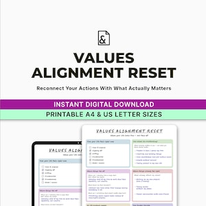 Values Alignment Reset Worksheet | Purpose Clarity, Self Reflection (PDF Download)