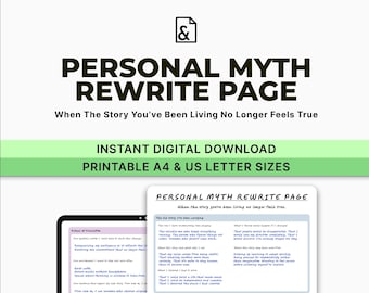 Hoja de trabajo para reescribir mitos personales: Reajuste de identidad y reflexión sobre la transición vital (imprimible), página de diario de autodescubrimiento