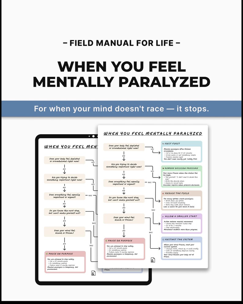 Printable worksheet titled "When You Feel Mentally Paralyzed" showing gentle decision flowchart to help with executive dysfunction, overwhelm, and cognitive freeze, instant PDF download