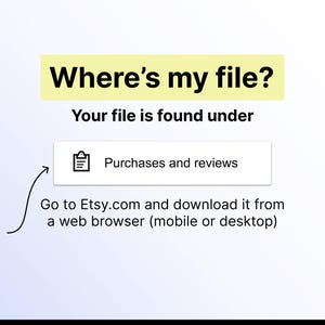 Instructions showing how to download printable worksheet from Etsy purchases section after checkout, instant digital access PDF file