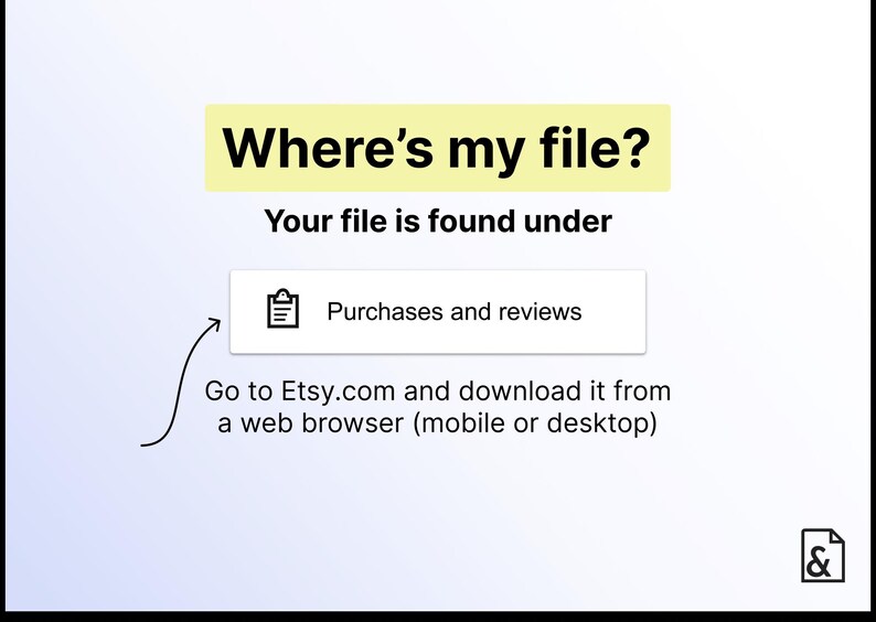 Instructions showing how to download printable worksheet from Etsy purchases section after checkout, instant digital access PDF file