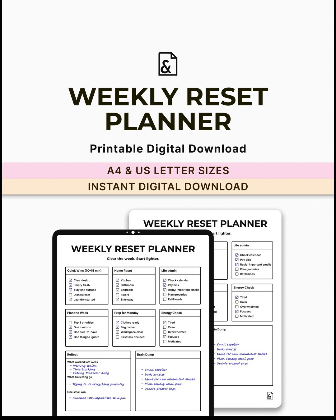 Weekly Reset Planner Printable – Sunday Reset Checklist – A4 US Letter ...