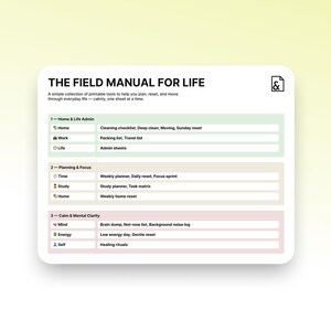 Field Manual for Life printable worksheet system showing structured mental clarity tools for emotional regulation, executive function, and decision support
