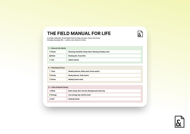 Field Manual for Life printable worksheet system showing structured mental clarity tools for emotional regulation, executive function, and decision support