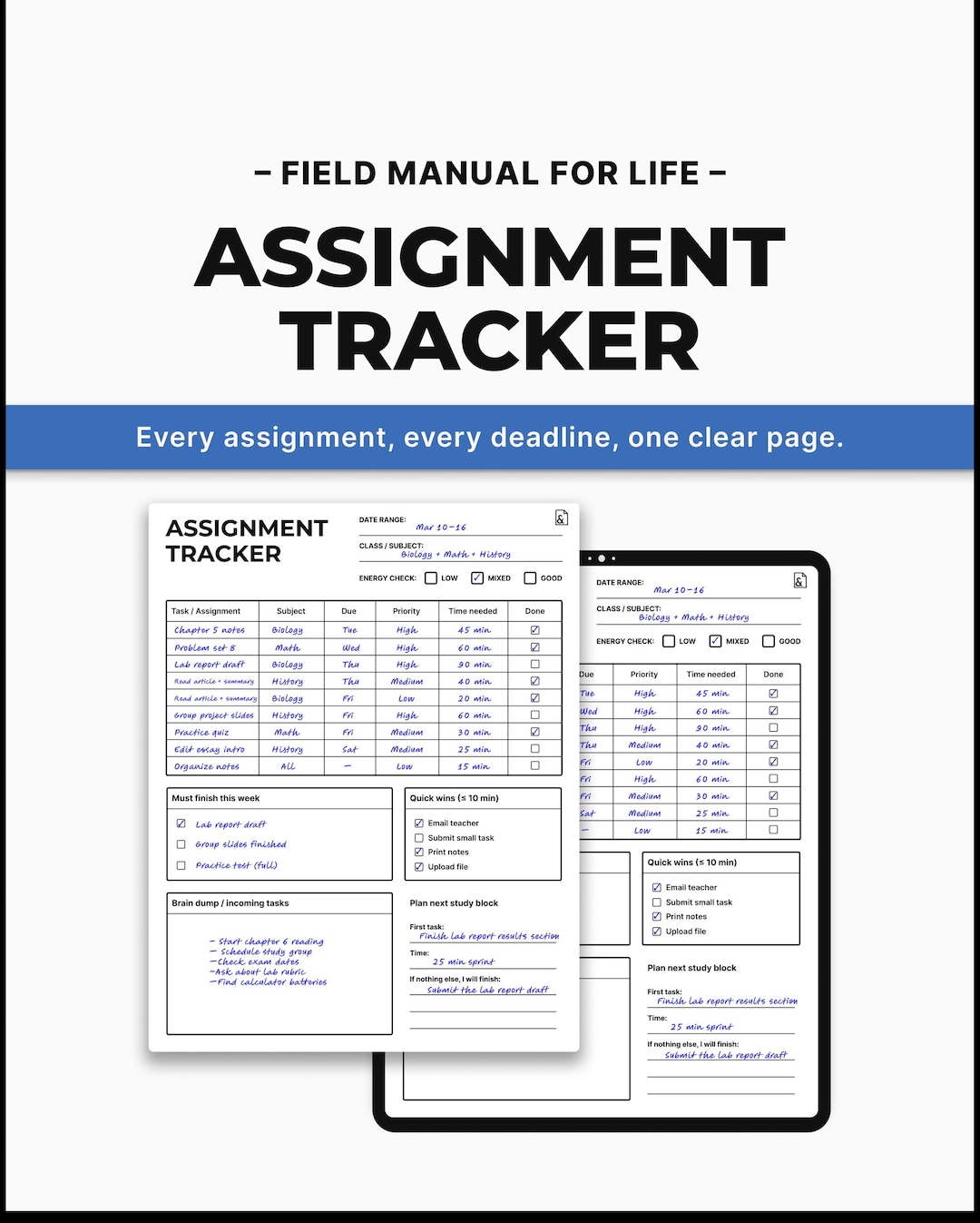 ADHD Student Assignment Tracker | Printable Planner (A4, US Letter ...