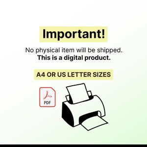 Important information image explaining this is a digital download printable worksheet, no physical product shipped, includes A4 and US Letter PDF files