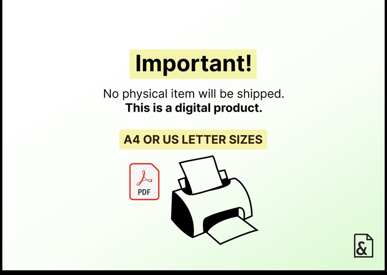 Important information image explaining this is a digital download printable worksheet, no physical product shipped, includes A4 and US Letter PDF files