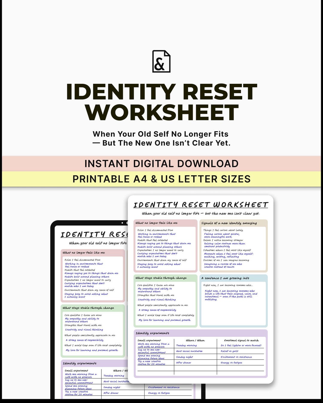 Identity Reset Worksheet – Self Discovery, Life Direction Journal ...