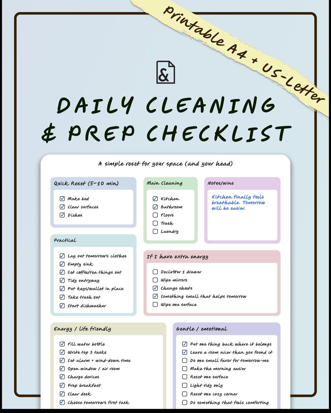 Daily Cleaning Checklist Printable – Simple Home Reset Routine – A4 ...