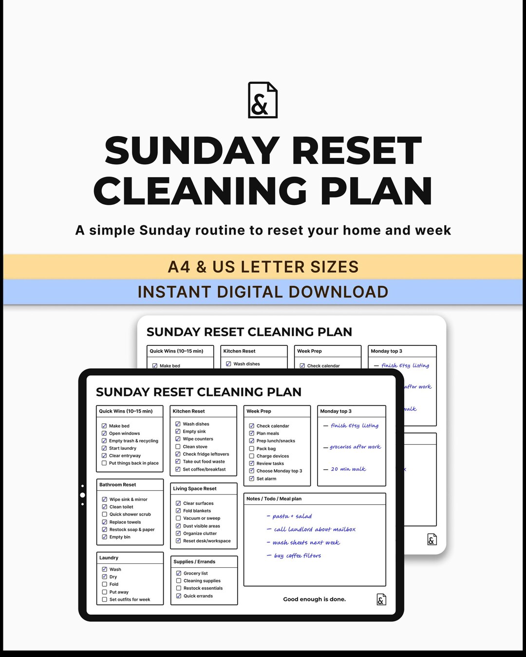Sunday Reset Checklist.pdf Sunday Reset Cleaning Checklist – Room-by-room Planner (A4/US Letter ...