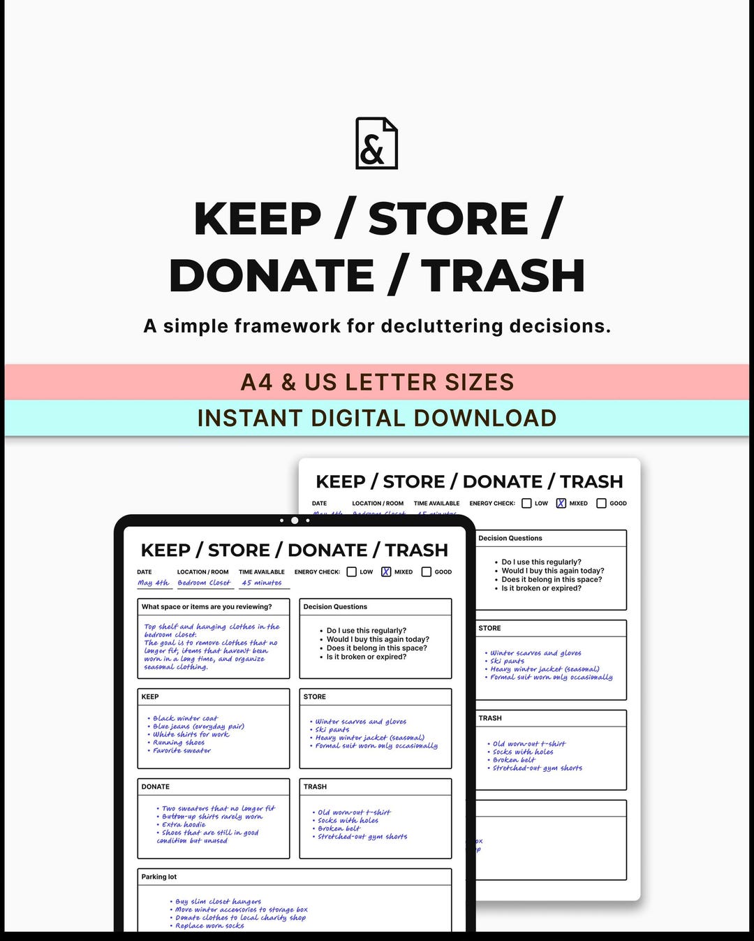 Keep Store Donate Trash Framework – Decluttering Decision Worksheet ...