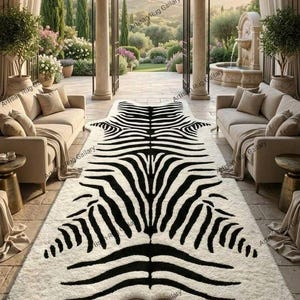 Zebra Silhouette Runner Rug - Luxury Hand-Tufted Animal Print Faux Hide - Black & White Plush Wool Area Rug - Modern Safari Hallway Decor.
