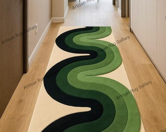 Handmade Wavy Runner Rug, Green 3D Carved Wool Rug for Hallway, Modern Abstract Tufted Area Rug, Mid Century Aesthetic Decor, Custom Rug.