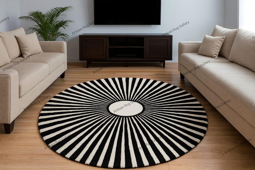 Ray Rug Modern Ray Black & White 8x8ft Round Rug | Modern High-contrast ...