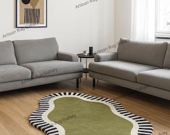Hand Tufted Wool Area Rug: Modern Statement Olive Green Rug | Irregular Wavy Shape with Black & Cream Stripes Unique Rug for 8x10ft Any Room