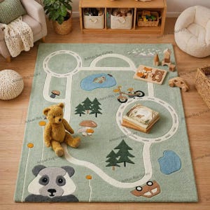 Tapete infantil verde-sálvia feito à mão - Tapete de luxo em lã tufada para crianças - Decoração para quarto de bebê com tema de floresta e pandas - Tapete grande personalizado com mapa rodoviário para crianças