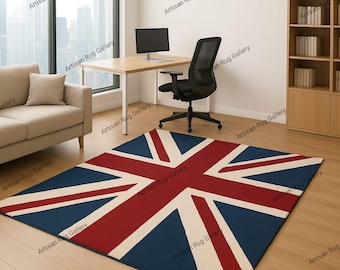 Union Jack Rug, British Flag Area Rug, Handmade UK Decor for Office or Living Room, Unique British Gift, Large Red White Blue Carpet.