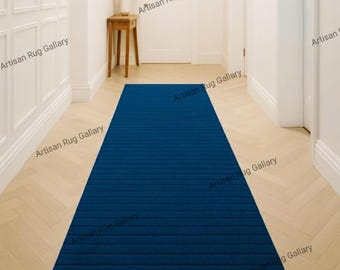 Hand Tufted Blue Wool Runner Rug, Modern Hallway Rug, Luxury Handmade Area Rug, Contemporary Entryway Carpet, Custom Size Runner