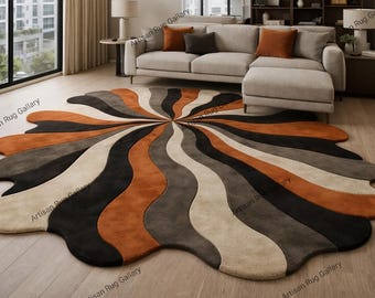 Handmade Abstract Wool Rug – Retro Orange Black Grey Cream Wavy Area Rug, Hand-Tufted Modern Accent Carpet for Living Room and kids room